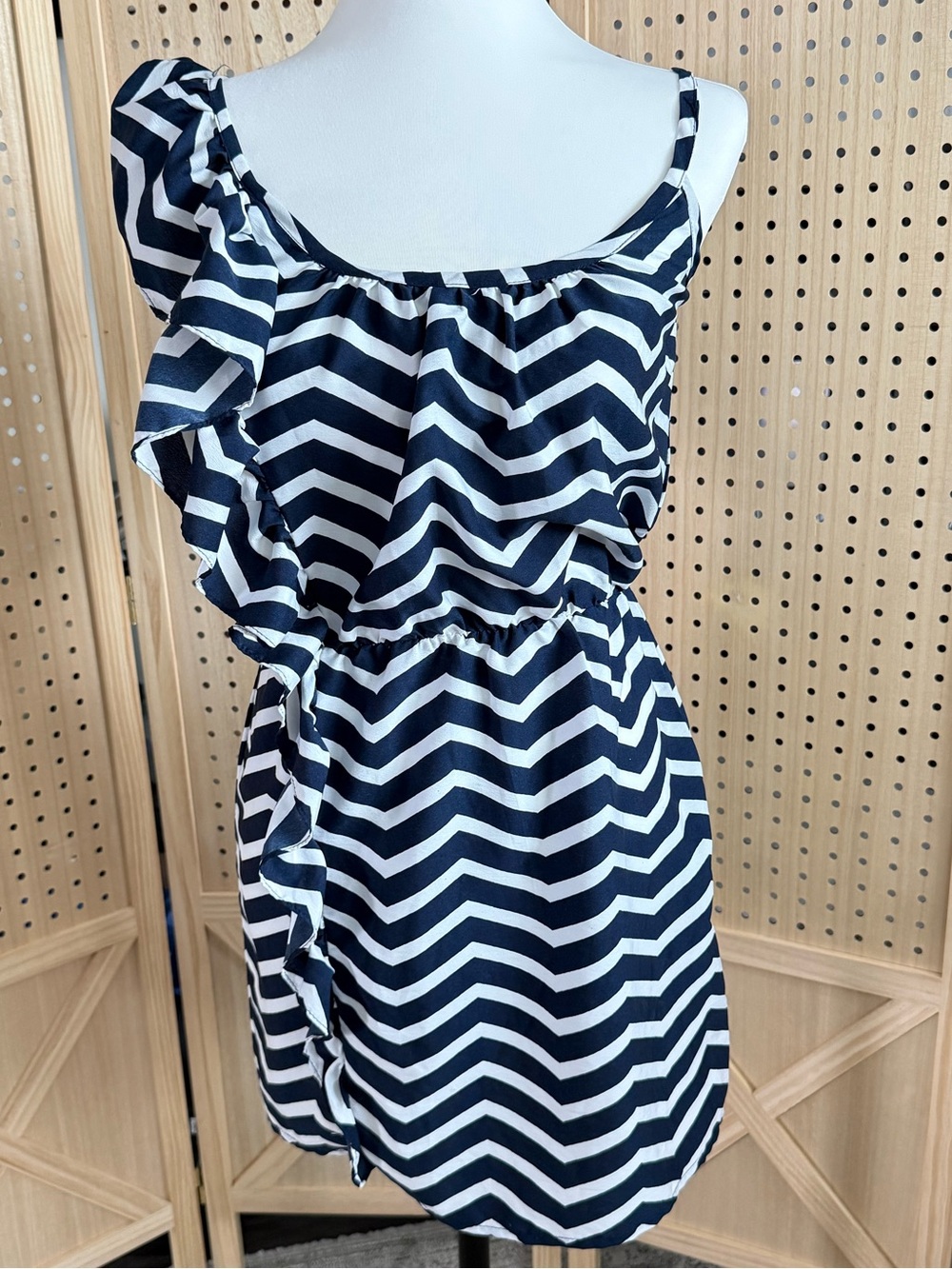 envy Navy and White Chevron Ruffle Mini Dress